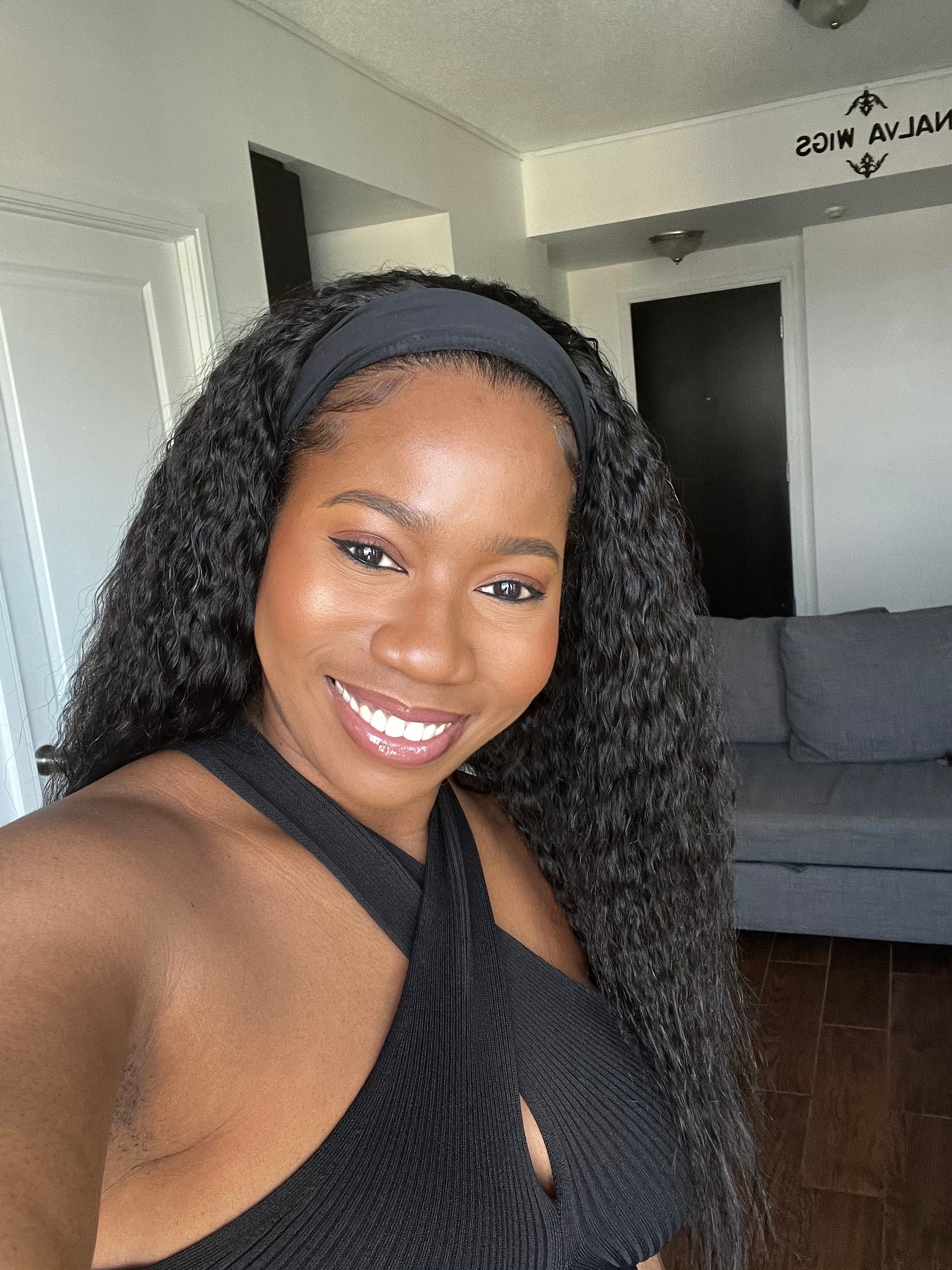 Kinky Straight Headband Band fall Wig, Natural 1B Black colour, with spandex head band, Small, Medium Large Size with Premium Virgin Human Hair 18 inches with wig combs- Kinky Curly Wig, Human Hair Wigs Mississauga, Ontario.
