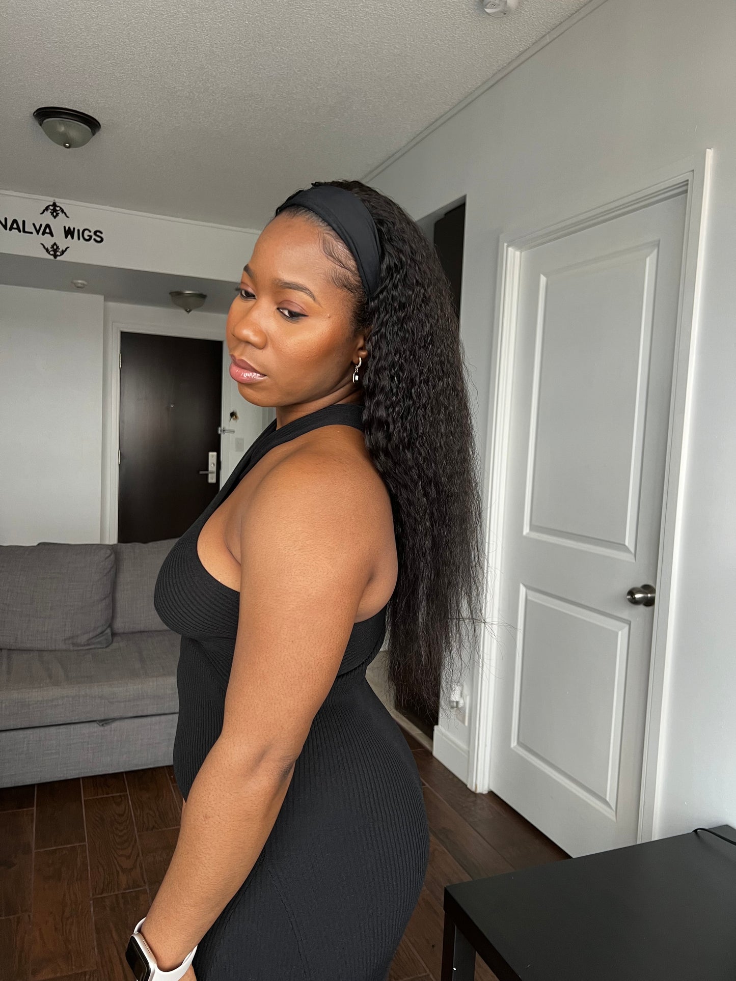 Kinky Straight Headband Band fall Wig, Natural 1B Black colour, with spandex head band, Small, Medium Large Size with Premium Virgin Human Hair 18 inches with wig combs- Kinky Curly Wig, Human Hair Wigs Mississauga, Ontario.