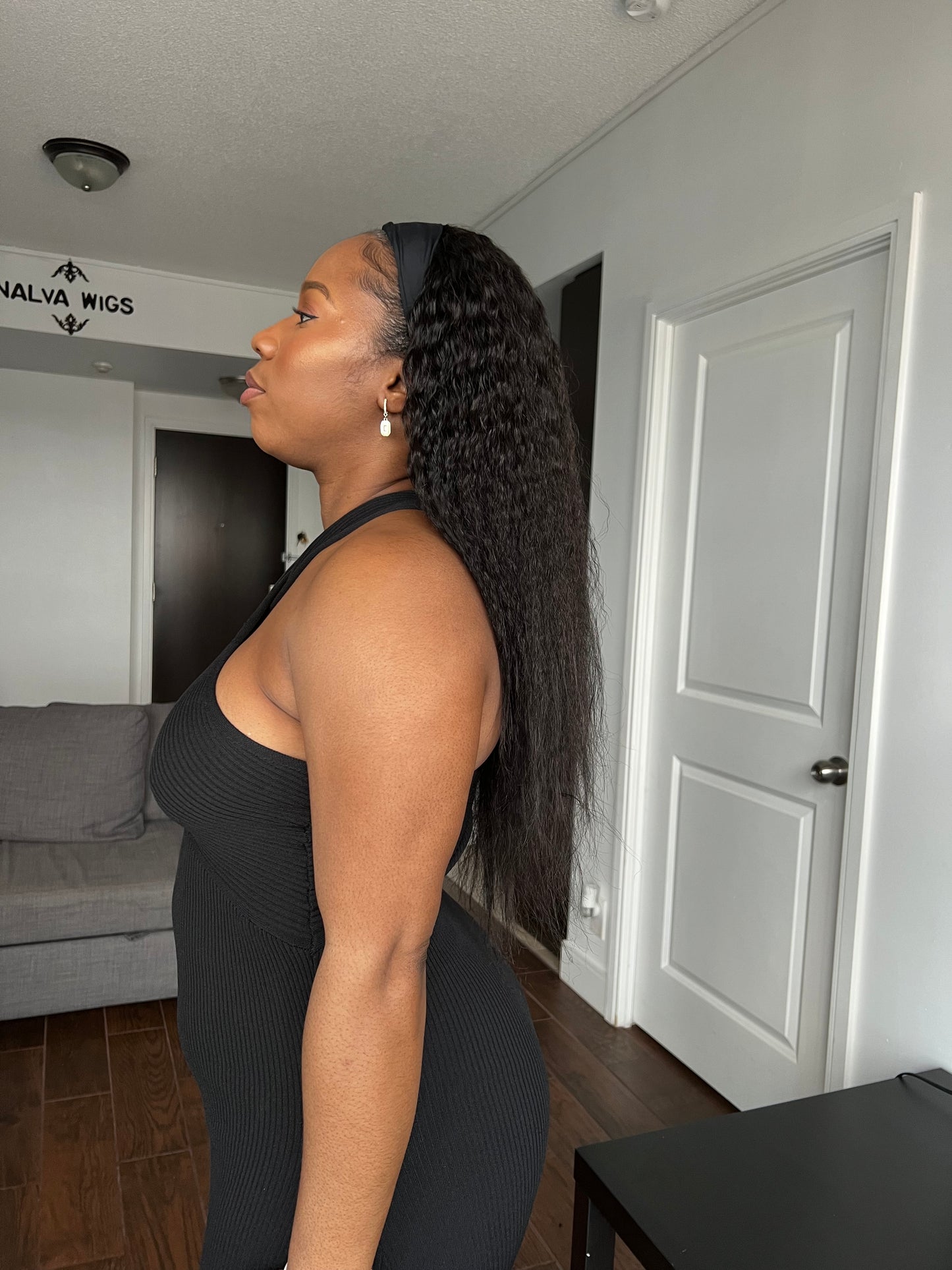 Kinky Straight Headband Band fall Wig, Natural 1B Black colour, with spandex head band, Small, Medium Large Size with Premium Virgin Human Hair 18 inches with wig combs- Kinky Curly Wig, Human Hair Wigs Mississauga, Ontario.