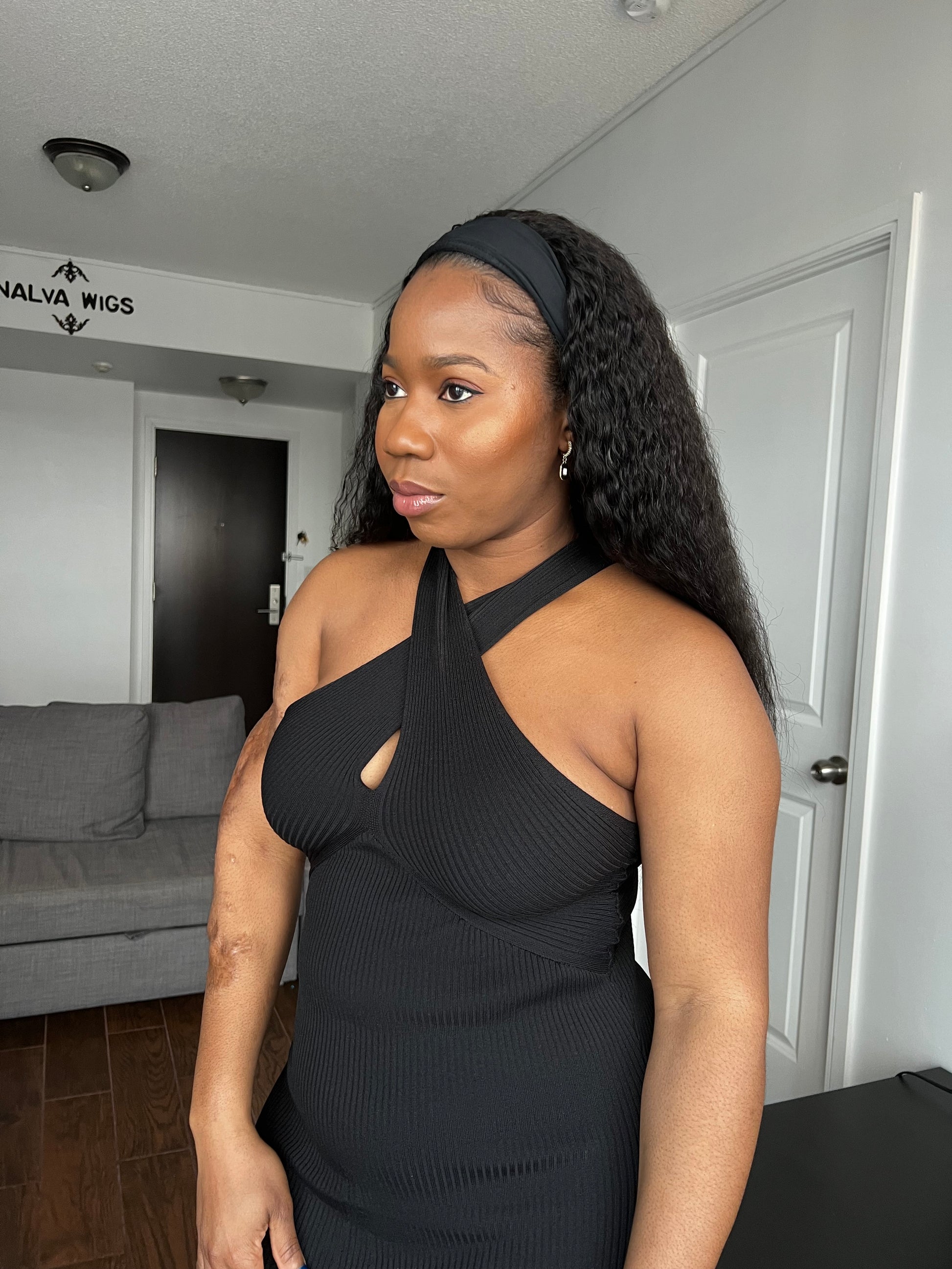 Kinky Straight Headband Band fall Wig, Natural 1B Black colour, with spandex head band, Small, Medium Large Size with Premium Virgin Human Hair 18 inches with wig combs- Kinky Curly Wig, Human Hair Wigs Mississauga, Ontario.