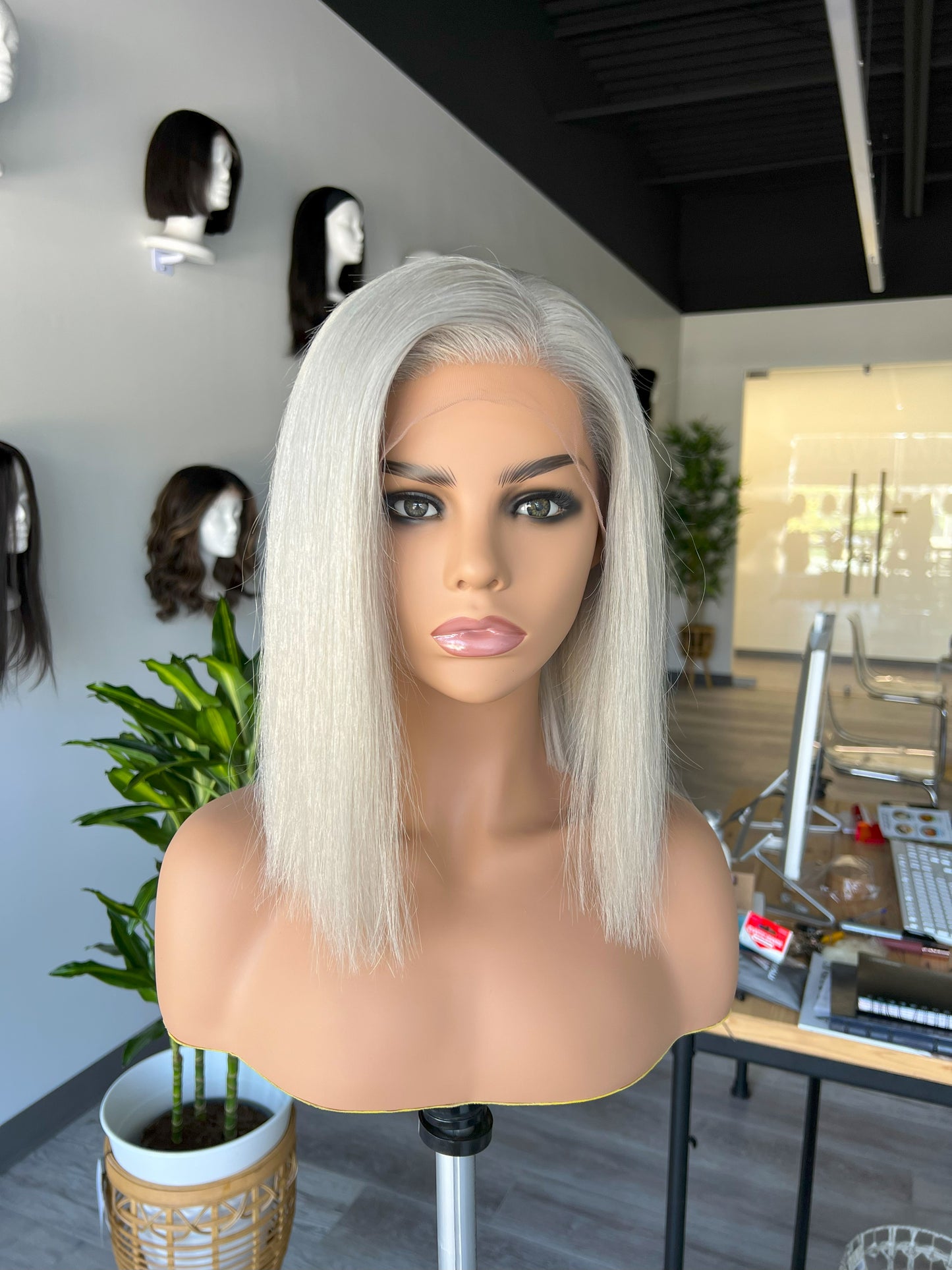 Luxury Lace Front wig crafted with Premium Virgin human hair. It is light weight and beginner friendly, 12” long with Silver Gray, 130% density, Premium Human Hair. Mississauga, Ontario