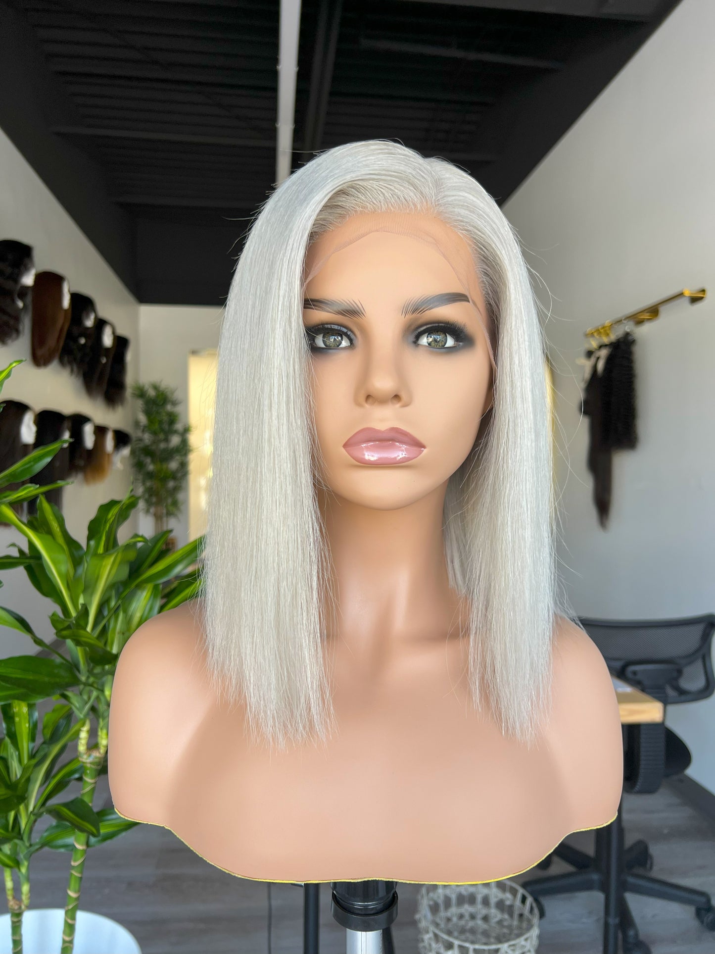 Luxury Lace Front wig crafted with Premium Virgin human hair. It is light weight and beginner friendly, 12” long with Silver Gray, 130% density, Premium Human Hair. Mississauga, Ontario