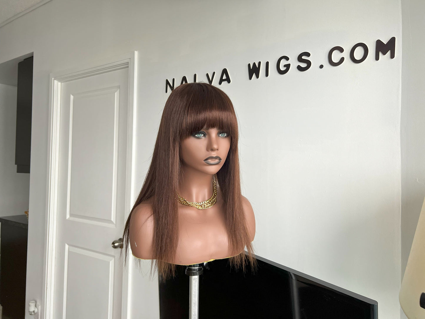 Straight Light brown Beginner-friendly High-heat Synthetic fiber Hair Wig for Hair loss, Chemo or Alopecia with Full bangs. Low density, light-weight and looks very natural. For kids and adults. Adjustable breathable net wig cap with built-in Elastic bands in Mississauga, Ontario, Canada