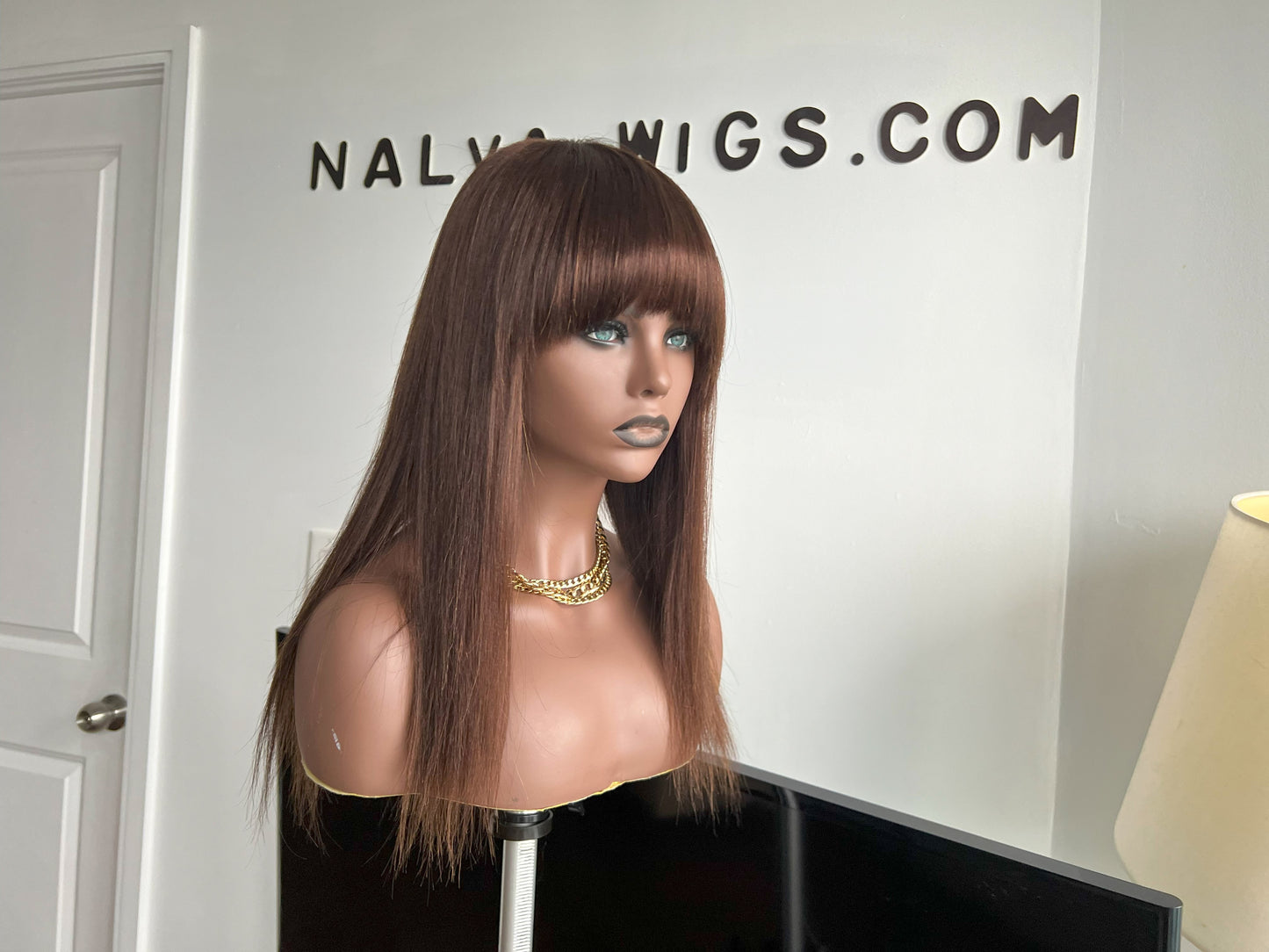 Straight Light brown Beginner-friendly High-heat Synthetic fiber Hair Wig for Hair loss, Chemo or Alopecia with Full bangs. Low density, light-weight and looks very natural. For kids and adults. Adjustable breathable net wig cap with built-in Elastic bands in Mississauga, Ontario, Canada