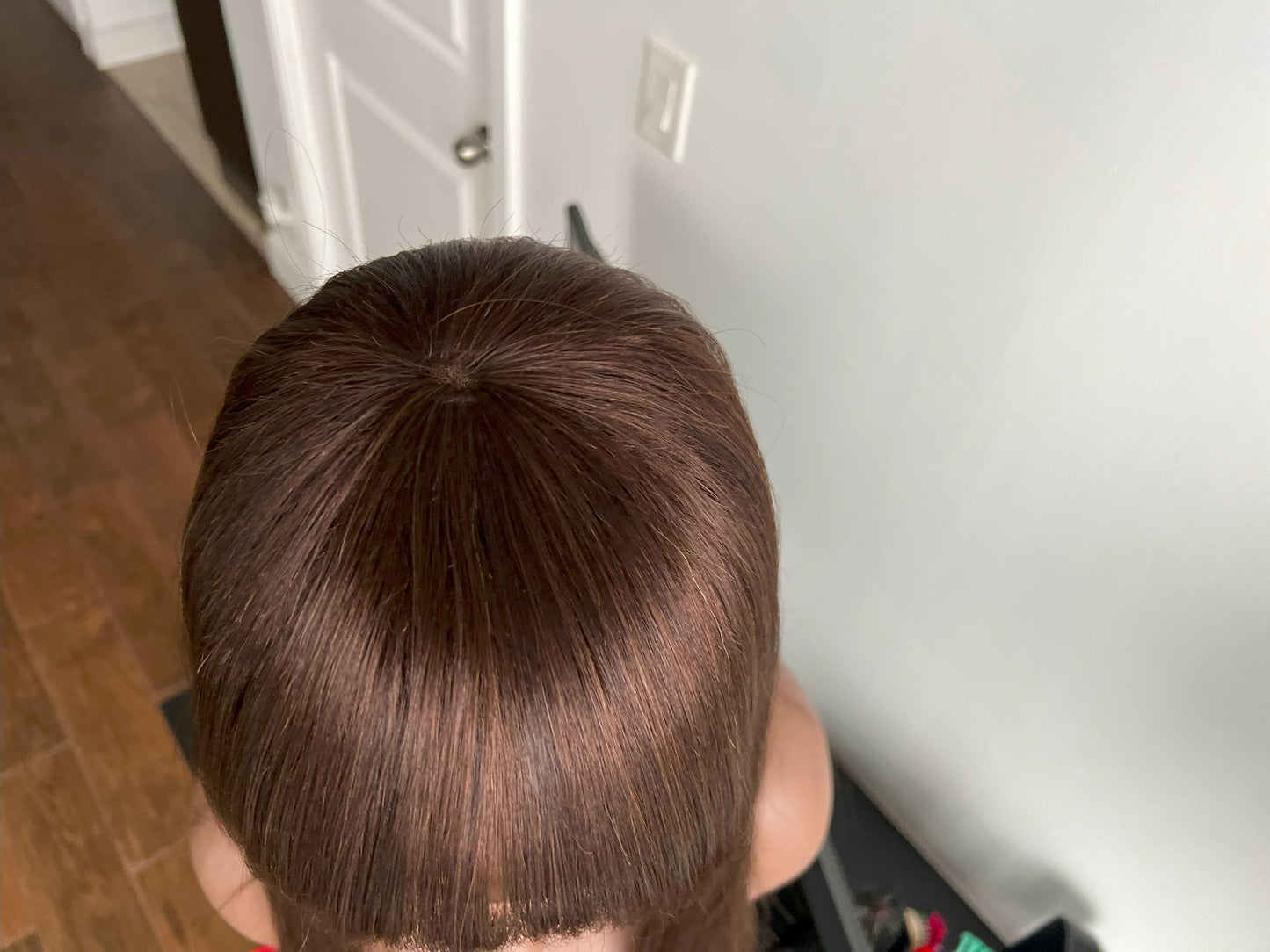 Straight Light brown Beginner-friendly High-heat Synthetic fiber Hair Wig for Hair loss, Chemo or Alopecia with Full bangs. Low density, light-weight and looks very natural. For kids and adults. Adjustable breathable net wig cap with built-in Elastic bands in Mississauga, Ontario, Canada
