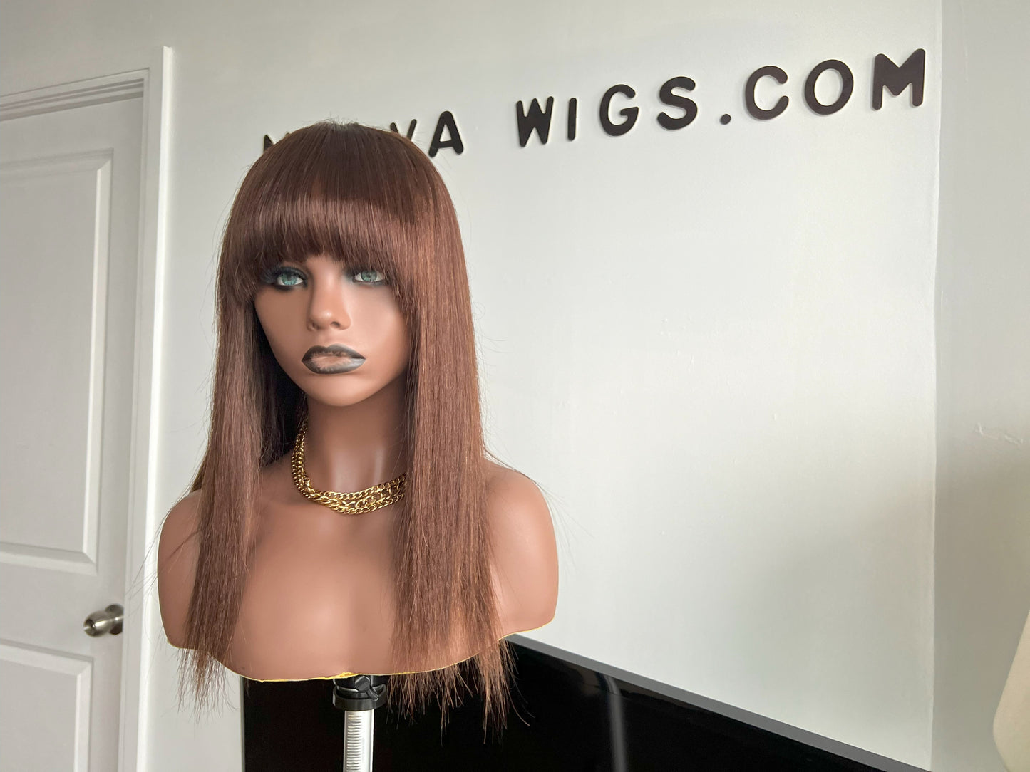 Straight Light brown Beginner-friendly High-heat Synthetic fiber Hair Wig for Hair loss, Chemo or Alopecia with Full bangs. Low density, light-weight and looks very natural. For kids and adults. Adjustable breathable net wig cap with built-in Elastic bands in Mississauga, Ontario, Canada