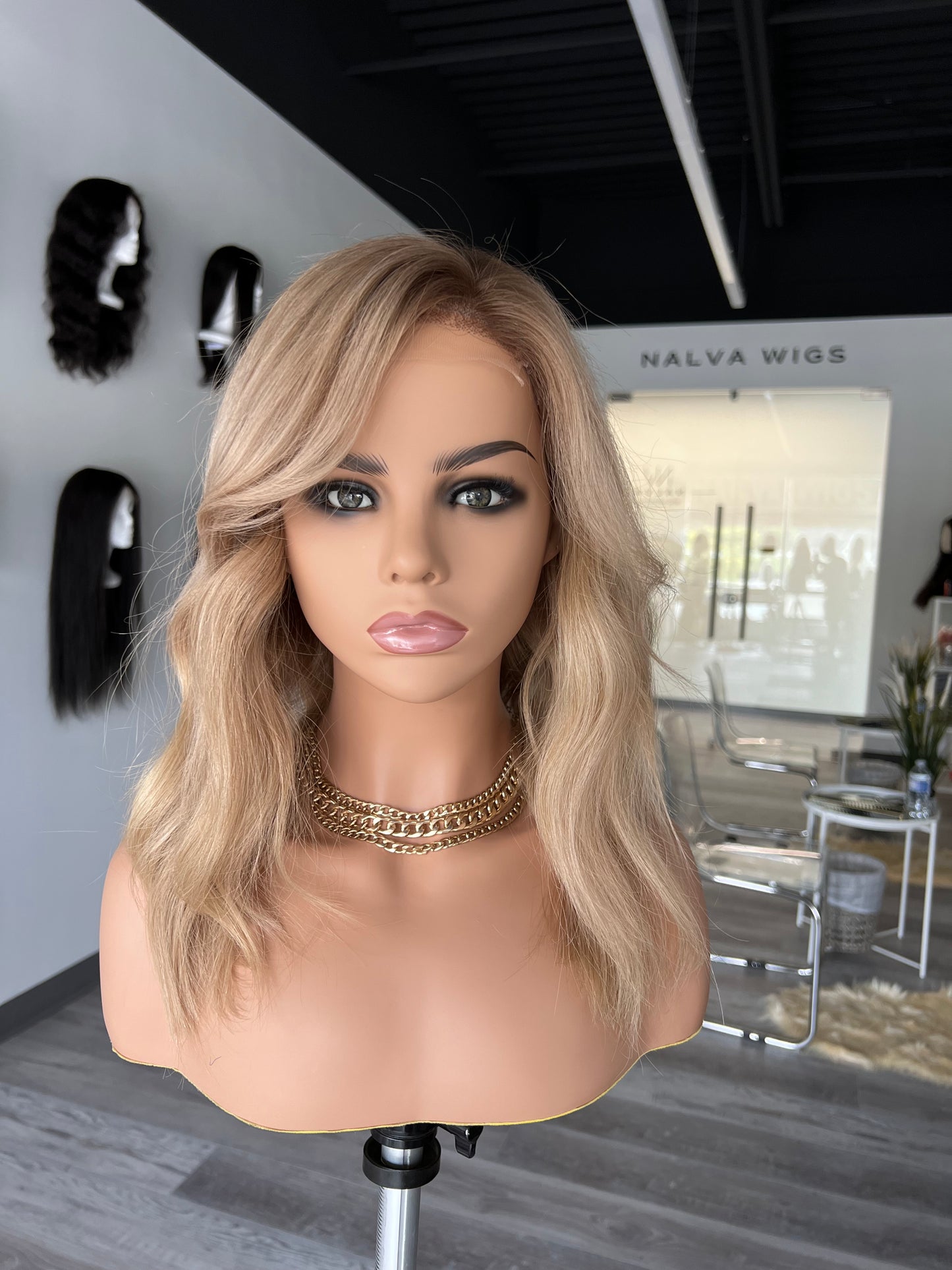 Luxury Lace Front wig crafted with Premium Virgin human hair. It is light weight and beginner friendly, 12” long with Neutral Blonde with Hazel roots, 120% density, Premium Human Hair. Mississauga, Toronto, Quebec, Ontario