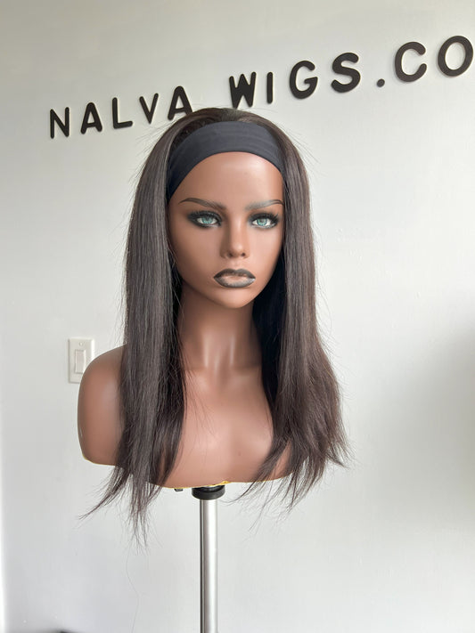 Straight Headband, 3/4 or Band fall wig with medium density. Light weight and beginner friendly with a built-in Spandex Headband, 2 combs, in-built adjustable elastic band and a breathable wig cap. 18" Long, Natural Dark Brown, Spandex Headband, 180% Density, Premium Virgin Human Hair.  Mississauga, Ontario.