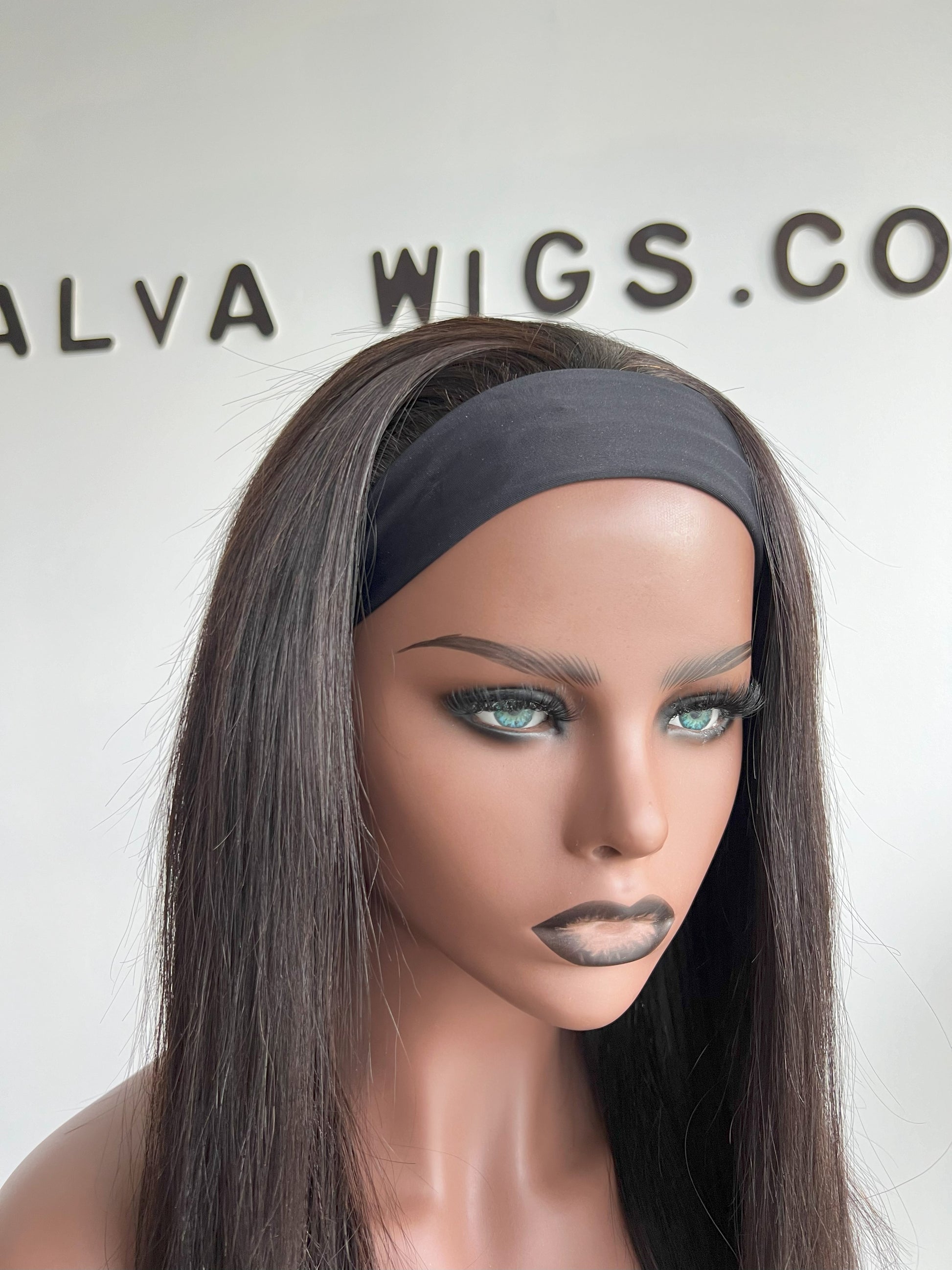 Straight Headband, 3/4 or Band fall wig with medium density. Light weight and beginner friendly with a built-in Spandex Headband, 2 combs, in-built adjustable elastic band and a breathable wig cap. 18" Long, Natural Dark Brown, Spandex Headband, 180% Density, Premium Virgin Human Hair.  Mississauga, Ontario.