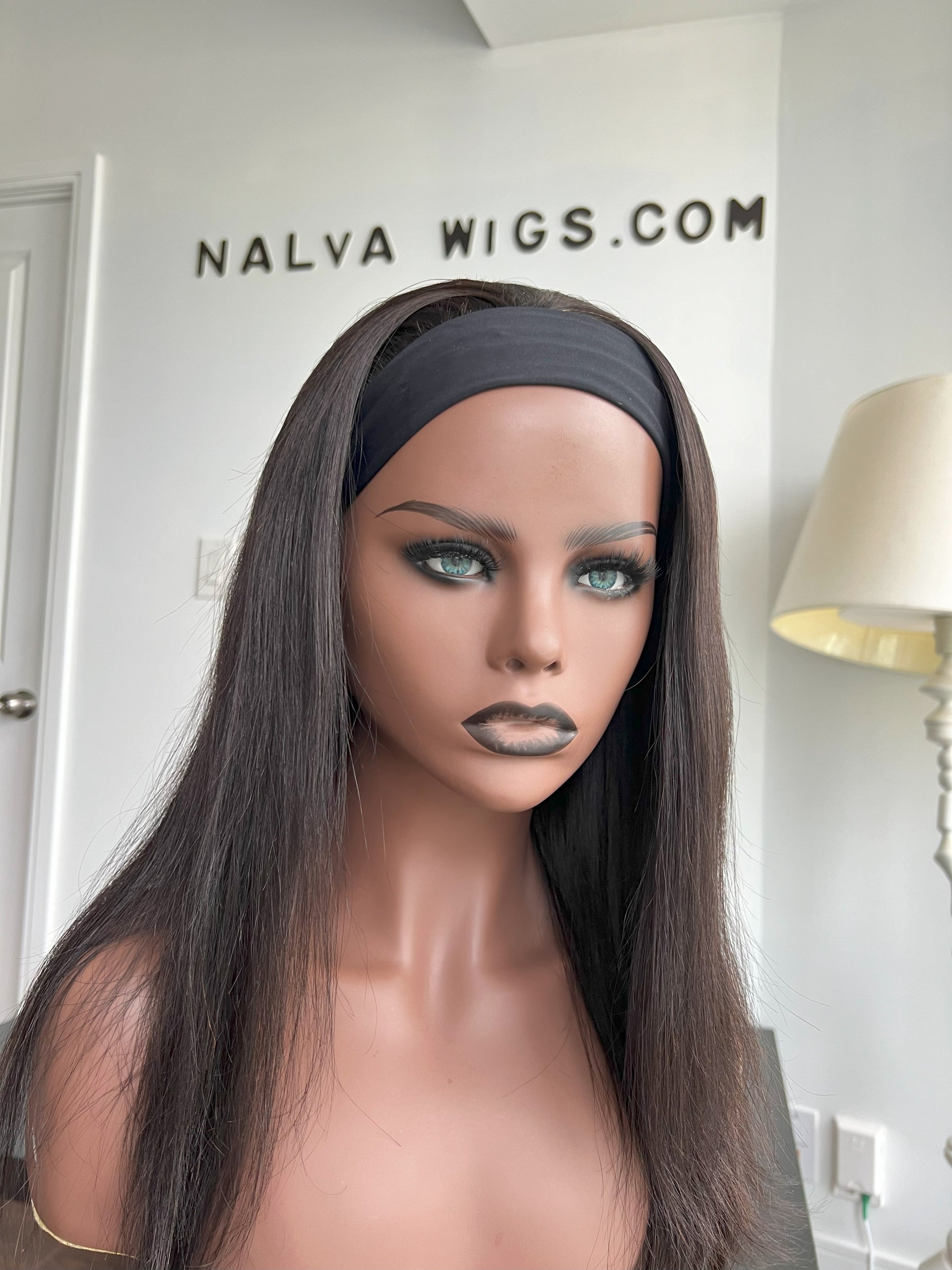 Straight Headband, 3/4 or Band fall wig with medium density. Light weight and beginner friendly with a built-in Spandex Headband, 2 combs, in-built adjustable elastic band and a breathable wig cap. 18" Long, Natural Dark Brown, Spandex Headband, 180% Density, Premium Virgin Human Hair.  Mississauga, Ontario.