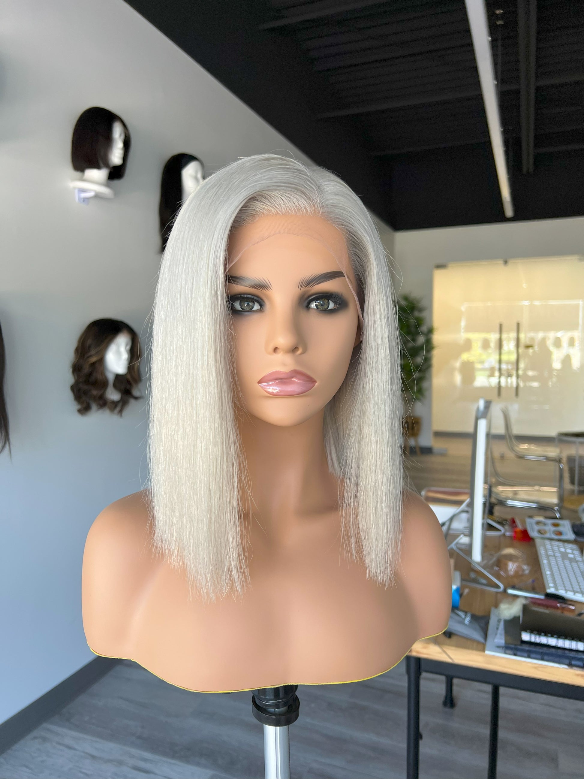 Luxury Lace Front wig crafted with Premium Virgin human hair. It is light weight and beginner friendly, 12” long with Silver Gray, 130% density, Premium Human Hair. Mississauga, Ontario