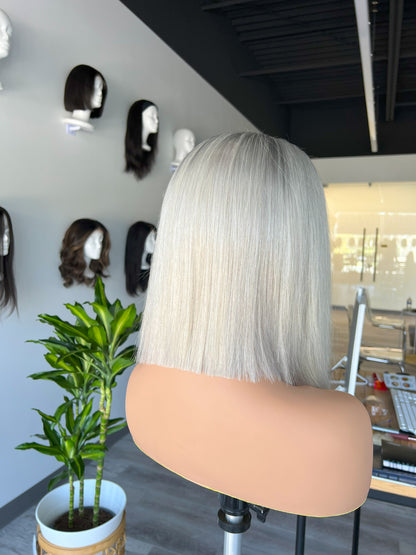 Luxury Lace Front wig crafted with Premium Virgin human hair. It is light weight and beginner friendly, 12” long with Silver Gray, 130% density, Premium Human Hair. Mississauga, Ontario