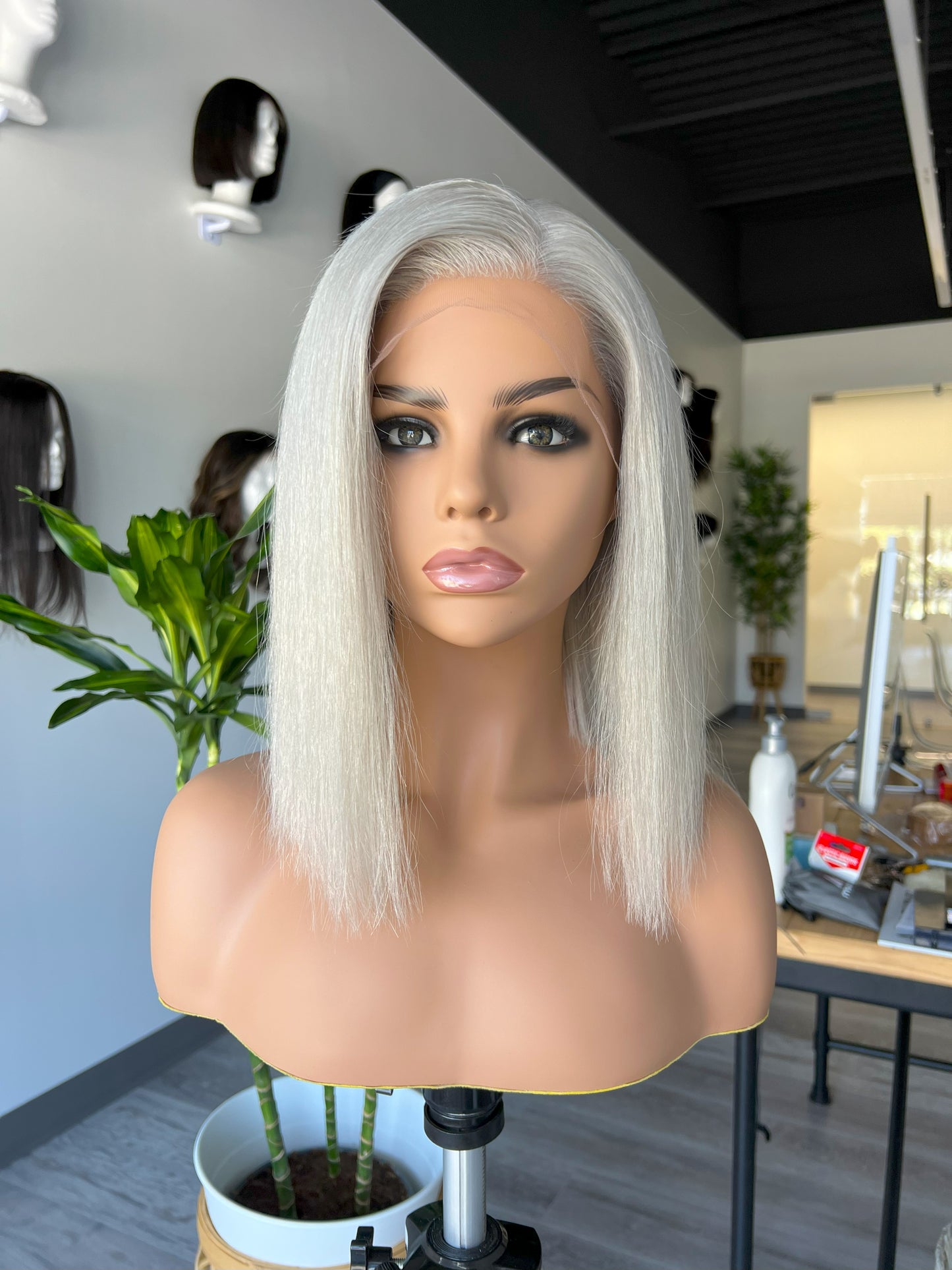 Luxury Lace Front wig crafted with Premium Virgin human hair. It is light weight and beginner friendly, 12” long with Silver Gray, 130% density, Premium Human Hair. Mississauga, Ontario