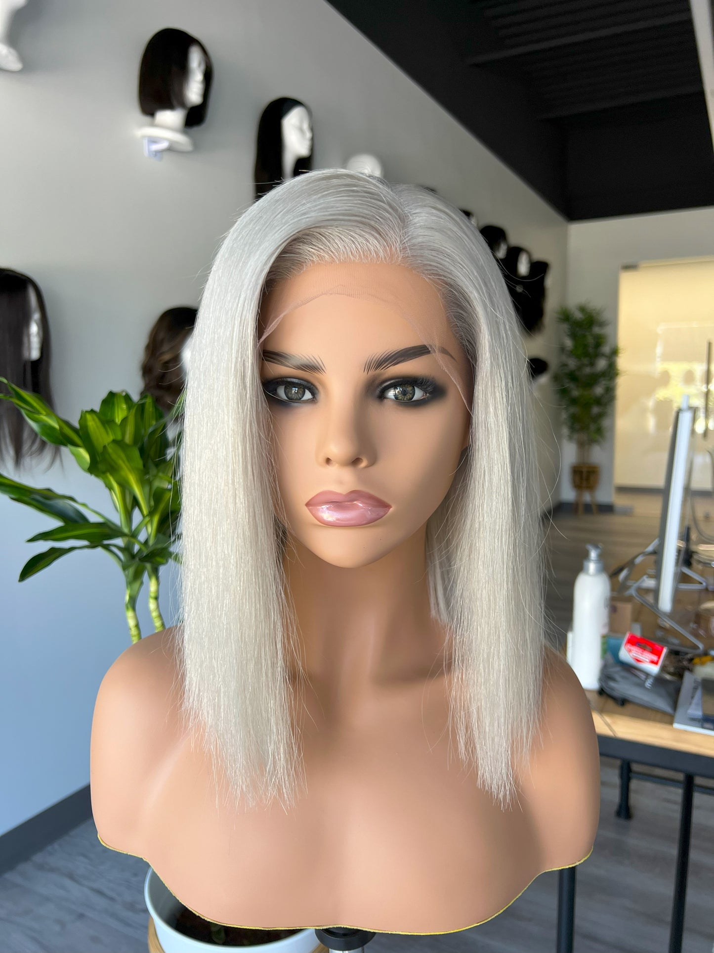 Luxury Lace Front wig crafted with Premium Virgin human hair. It is light weight and beginner friendly, 12” long with Silver Gray, 130% density, Premium Human Hair. Mississauga, Ontario