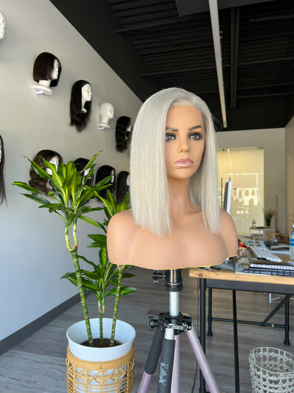 Luxury Lace Front wig crafted with Premium Virgin human hair. It is light weight and beginner friendly, 12” long with Silver Gray, 130% density, Premium Human Hair. Mississauga, Ontario