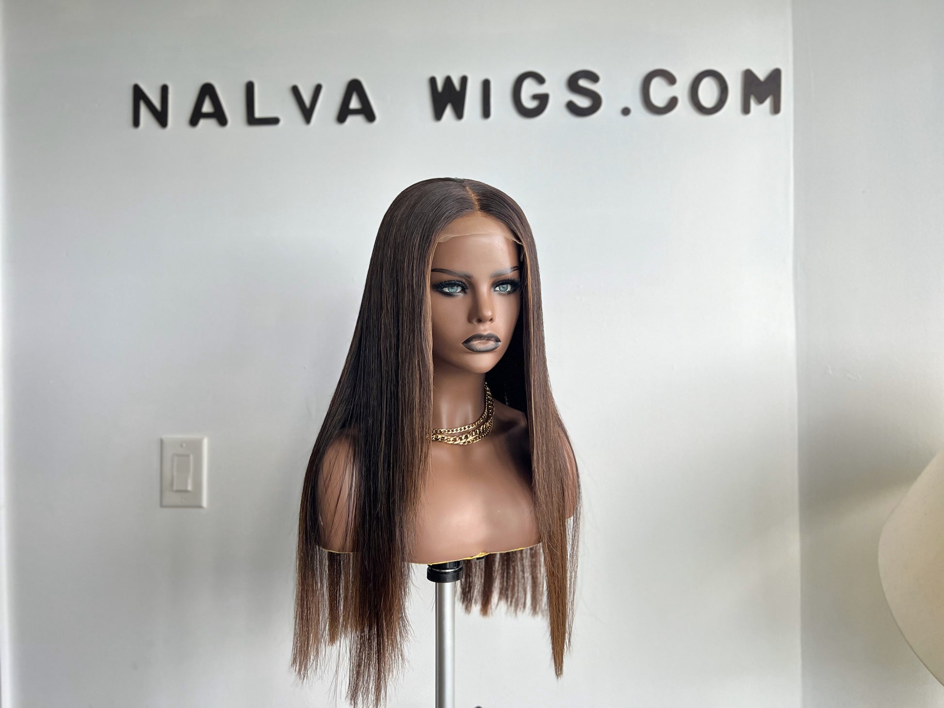 Human Hair wig, straight, medium density, light weight, Lace front wig with dark blonde highlights, in-built scalp, slightly bleached knots, in-built adjustable elastic band, breathable wig cap, silicone, Mississauga Ontario Canada.