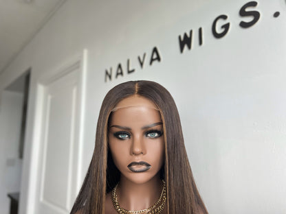 Human Hair wig, straight, medium density, light weight, Lace front wig with dark blonde highlights, in-built scalp, slightly bleached knots, in-built adjustable elastic band, breathable wig cap, silicone, Mississauga Ontario Canada.