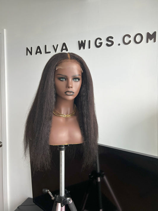 Luxury Lace Front Kinky straight wig made with Premium Virgin human hair. Light weight and beginner friendly. Details are 18” inches, Natural Dark Brown Hair Lace Closure, 180% Density. Mississauga, Ontario