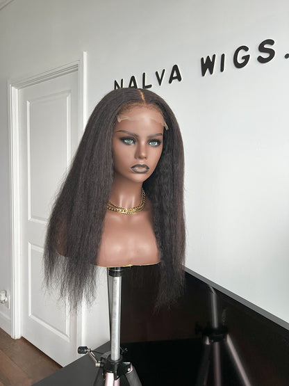 Luxury Lace Front Kinky straight wig made with Premium Virgin human hair. Light weight and beginner friendly. Details are 18” inches, Natural Dark Brown Hair Lace Closure, 180% Density. Mississauga, Ontario