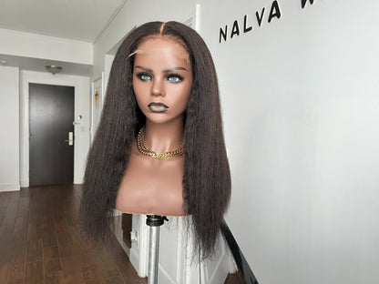 Luxury Lace Front Kinky straight wig made with Premium Virgin human hair. Light weight and beginner friendly. Details are 18” inches, Natural Dark Brown Hair Lace Closure, 180% Density. Mississauga, Ontario