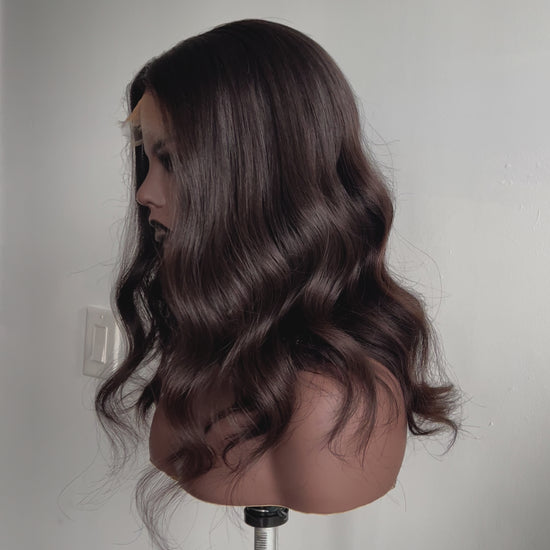 Luxury Lace Front wig crafted with Donor human hair. Light weight and beginner friendly. Details are 16” inches, Natural Dark Brown Hair Lace Closure, 180% Density. Mississauga, Ontario.